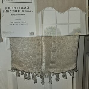 2 Cream With Silver Slivers Scalloped Valance with Decorative Beads